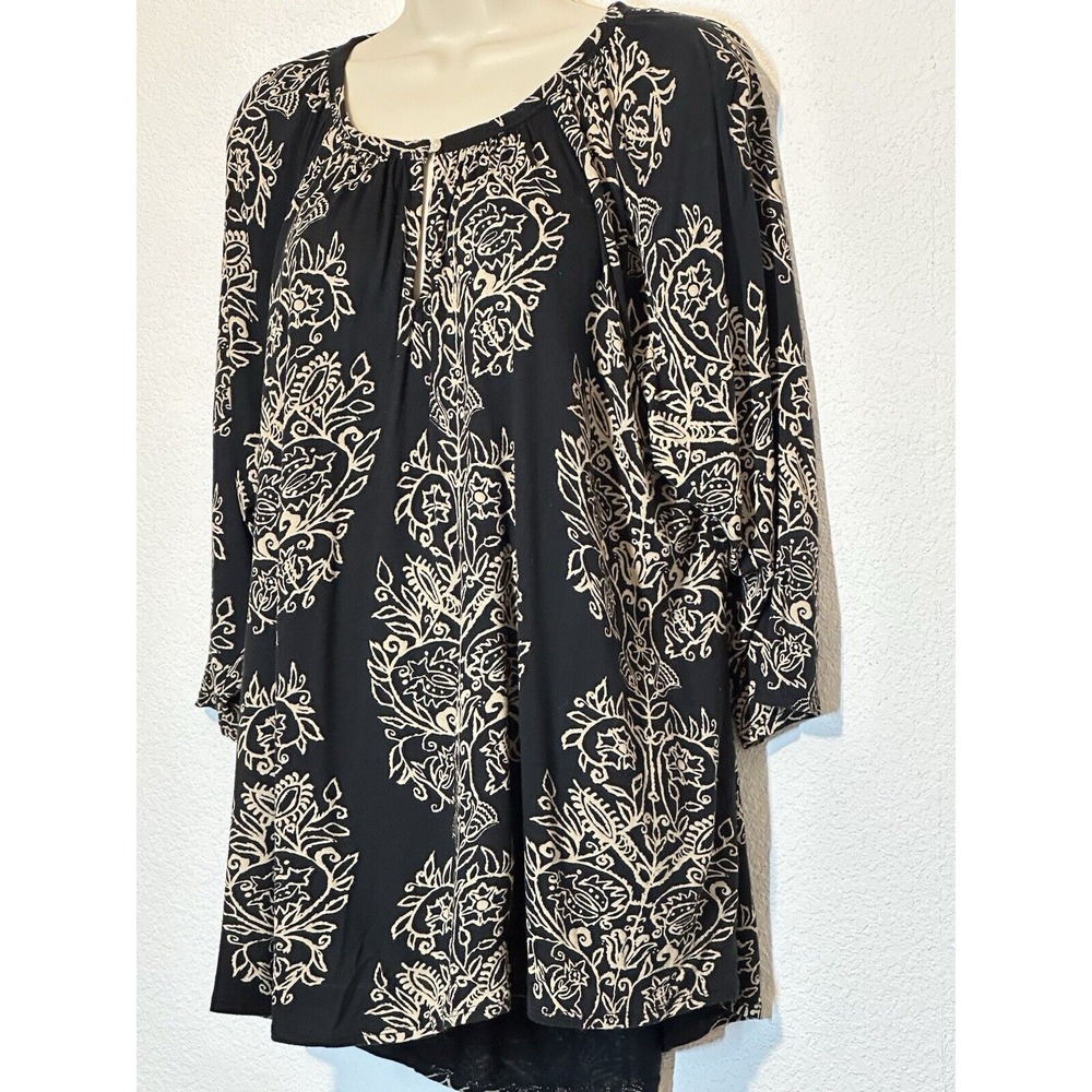 Lucky Brand Womens Black Tan Floral Peasant Blouse Sz 2X Round Neck Keyhole - Picture 2 of 9